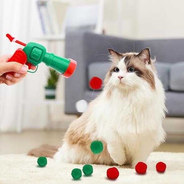 Christmas Joy Cat Interactive Toy - Silent Plush Ball Launcher Gun Set (30 Colorful Balls + Red - Green Gun) - 4FurBaby