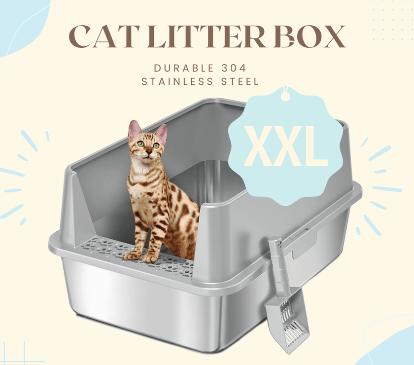 Extra Large Stainless Steel Cat Litter Box with Lid, High Walls, Easy Cleaning,  Toy Bundle for Big Cats - 4FurBaby