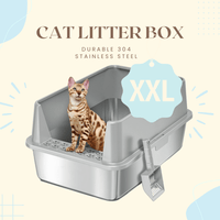 Extra Large Stainless Steel Cat Litter Box with Lid, High Walls, Easy Cleaning,  Toy Bundle for Big Cats - 4FurBaby