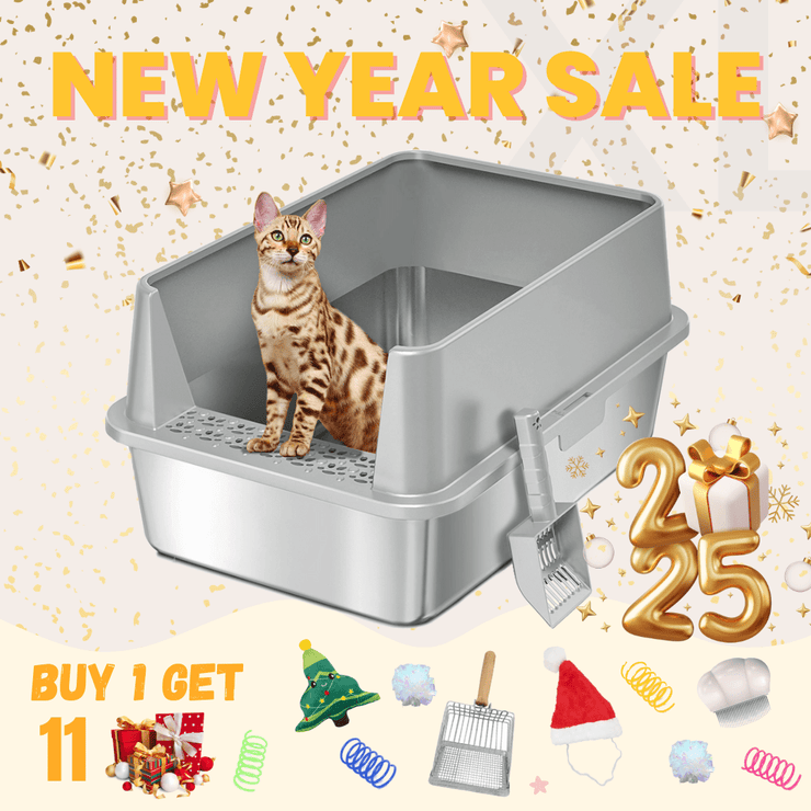 FREE SHIPPING - Stainless Steel Cat Litter Box & Toy Bundle: Holiday Set for Your Feline Friend- 4FurBaby