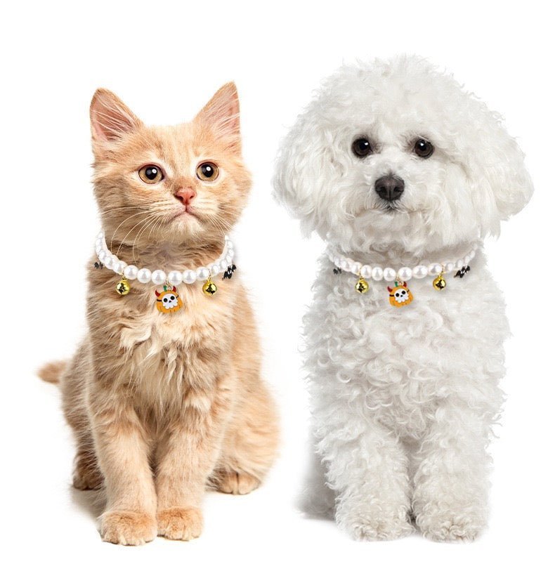 Halloween Pet Pearl Necklace - Adorable Cat and Dog Bell Accessory - 4FurBaby