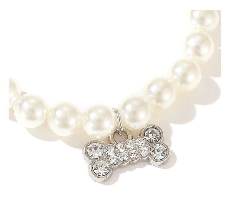 Luxury Pet Pearl Necklace with Crystal Bone Charm - Elegant Pearl Collar - 4FurBaby